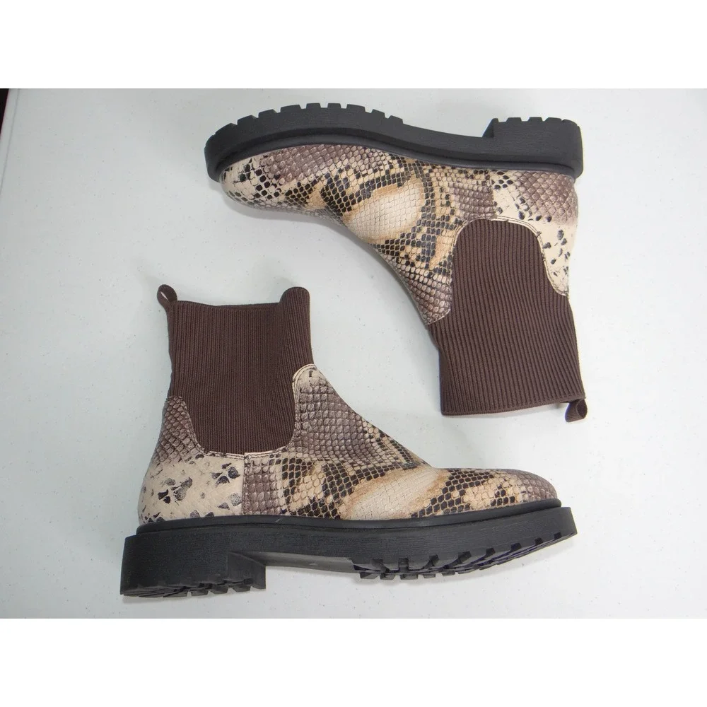 Snakeskin Print Chelsea Sock Boots Brown Tan Lug‎ Sole Ankle Booties Mens 3255